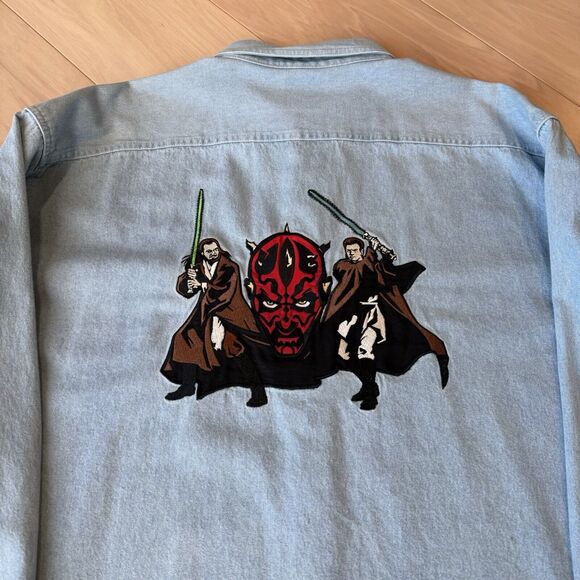 Vintage Star Wars Denim Shirt 2XL Blue 90s Movie Promo Button Up Darth Maul - Picture 8 of 9